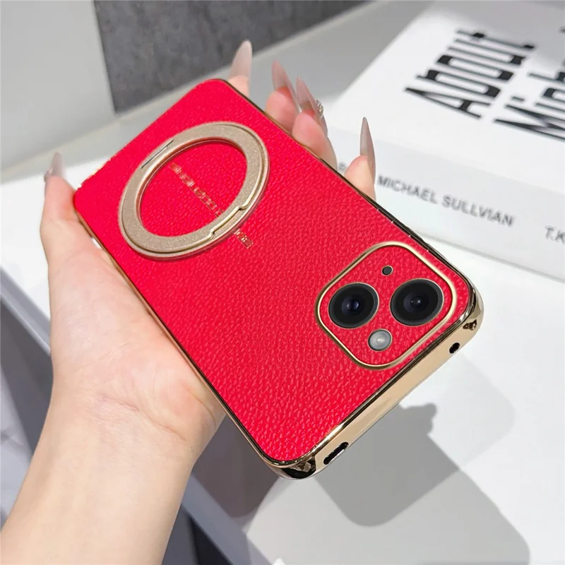 For iPhone 15 Magnetic Case Litchi Pattern TPU PU Cover with Electroplated Metal Ring Kickstand - Red