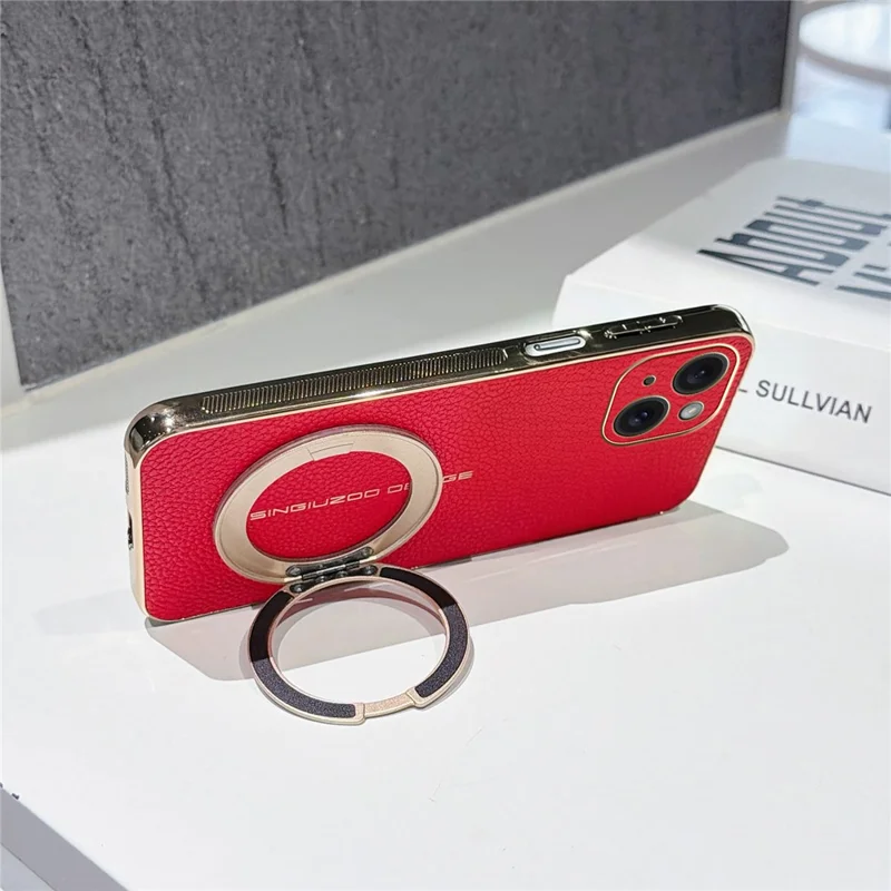 For iPhone 15 Magnetic Case Litchi Pattern TPU PU Cover with Electroplated Metal Ring Kickstand - Red