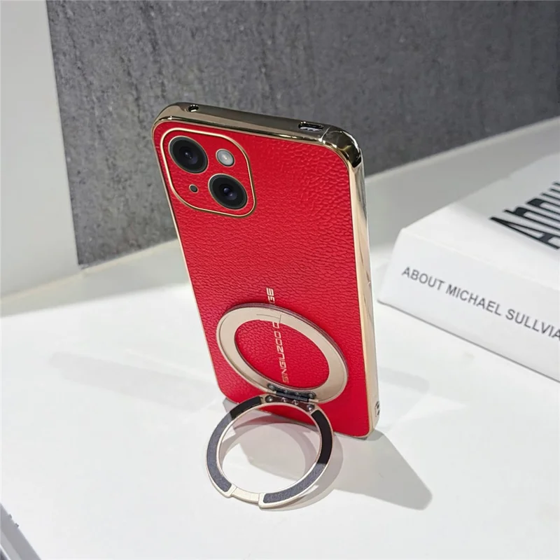 For iPhone 15 Magnetic Case Litchi Pattern TPU PU Cover with Electroplated Metal Ring Kickstand - Red