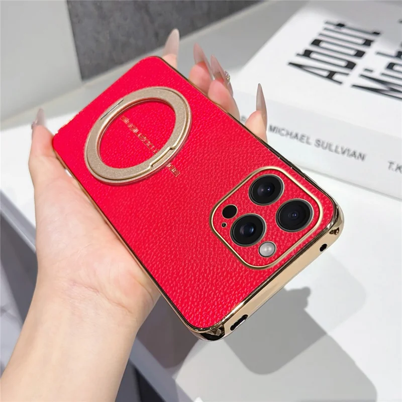 For iPhone 15 Pro Max Magnetic Case Litchi Pattern TPU PU Cover with Electroplated Metal Ring Kickstand - Red