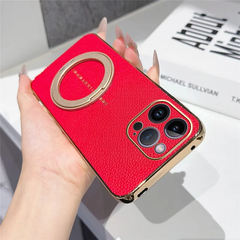 For iPhone 14 Pro Max Magnetic Case Litchi Pattern TPU PU Cover with Electroplated Metal Ring Kickstand - Red