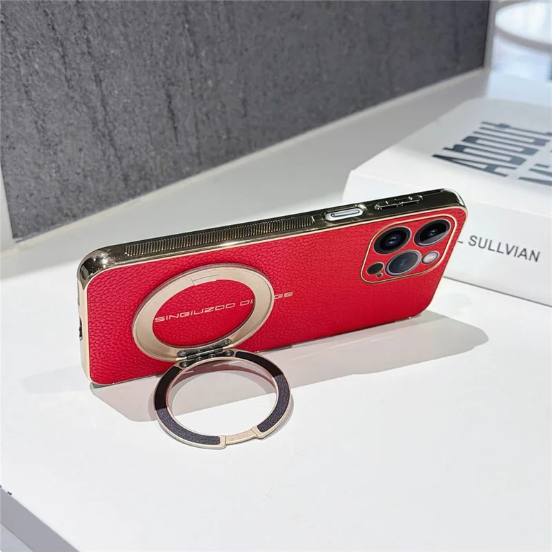 For iPhone 14 Pro Max Magnetic Case Litchi Pattern TPU PU Cover with Electroplated Metal Ring Kickstand - Red