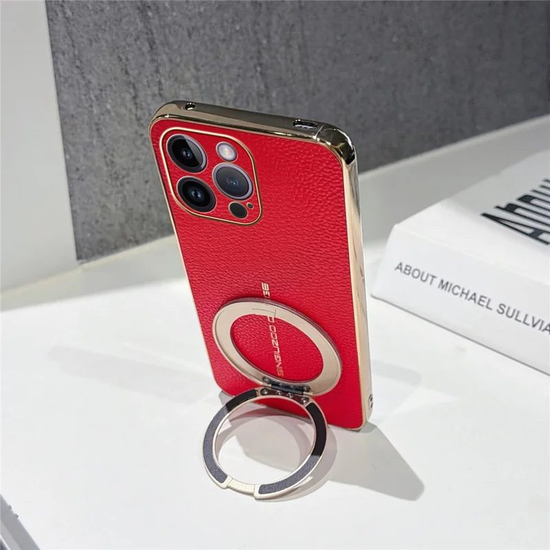 For iPhone 14 Pro Max Magnetic Case Litchi Pattern TPU PU Cover with Electroplated Metal Ring Kickstand - Red