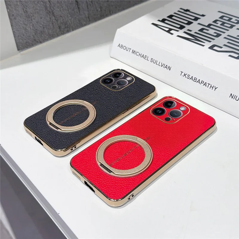 For iPhone 14 Pro Max Magnetic Case Litchi Pattern TPU PU Cover with Electroplated Metal Ring Kickstand - Red
