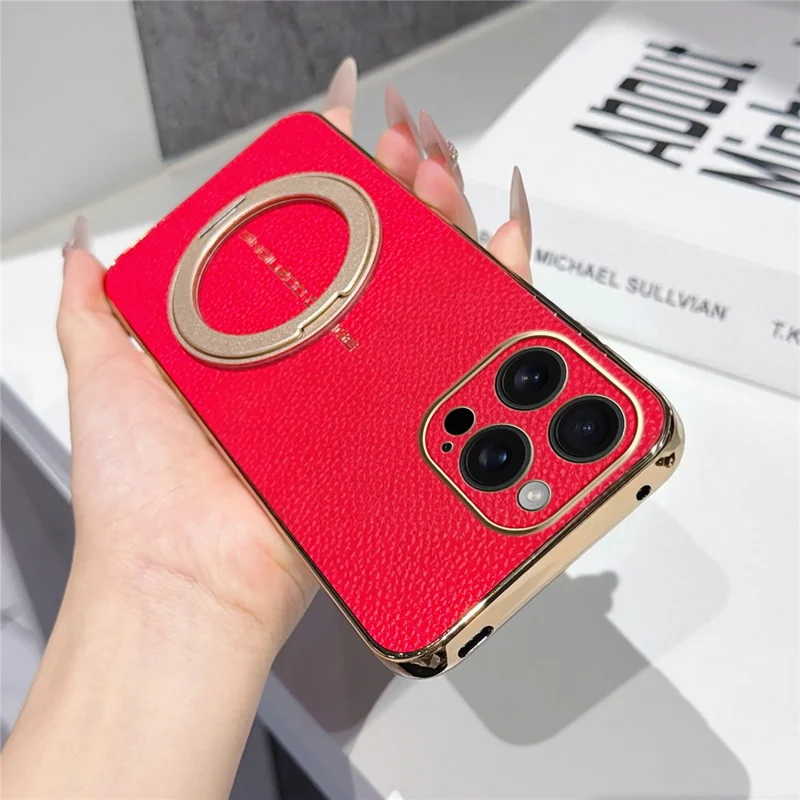 For iPhone 16 Pro Max Magnetic Case Litchi Pattern TPU PU Cover with Electroplated Metal Ring Kickstand - Red
