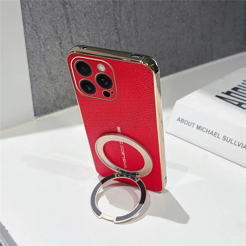 For iPhone 16 Pro Max Magnetic Case Litchi Pattern TPU PU Cover with Electroplated Metal Ring Kickstand - Red