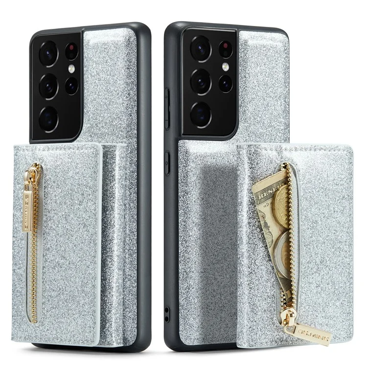 Dg. Ming M3 Series Pour Samsung Galaxy S21 Ultra 5G Glitter Sparkly Magnetic Détachable Pocket Cover Cover Kickstand PU le Cuir Revêtu pc + Tpu Coire de Téléphone de Protection Tpu - Argent