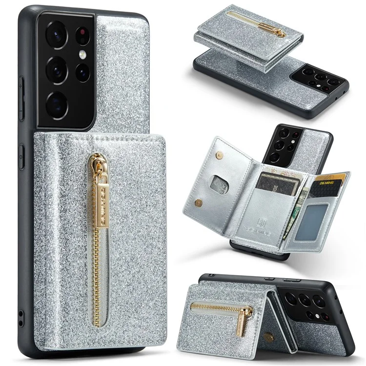 Dg. Ming M3 Series Pour Samsung Galaxy S21 Ultra 5G Glitter Sparkly Magnetic Détachable Pocket Cover Cover Kickstand PU le Cuir Revêtu pc + Tpu Coire de Téléphone de Protection Tpu - Argent