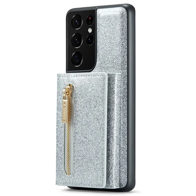 Dg. Ming M3 Series Pour Samsung Galaxy S21 Ultra 5G Glitter Sparkly Magnetic Détachable Pocket Cover Cover Kickstand PU le Cuir Revêtu pc + Tpu Coire de Téléphone de Protection Tpu - Argent
