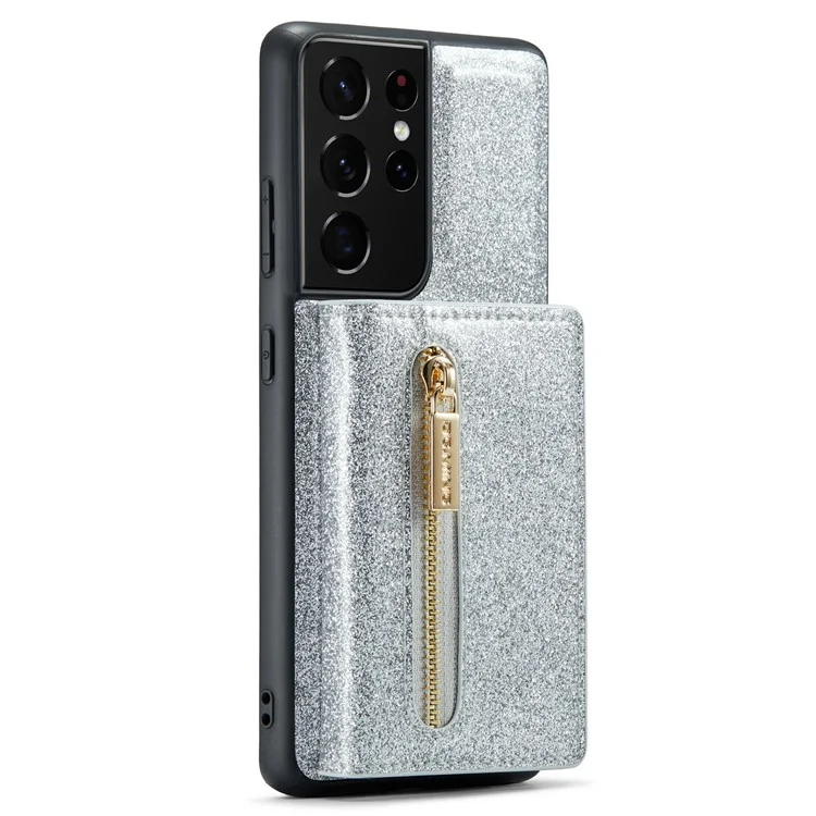 Dg. Ming M3 Series Pour Samsung Galaxy S21 Ultra 5G Glitter Sparkly Magnetic Détachable Pocket Cover Cover Kickstand PU le Cuir Revêtu pc + Tpu Coire de Téléphone de Protection Tpu - Argent