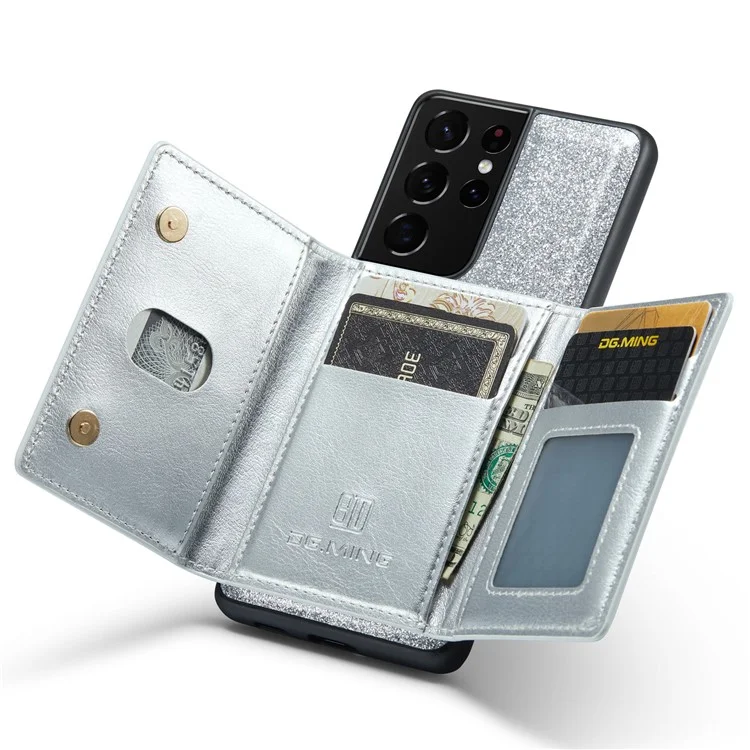 Dg. Ming M3 Series Pour Samsung Galaxy S21 Ultra 5G Glitter Sparkly Magnetic Détachable Pocket Cover Cover Kickstand PU le Cuir Revêtu pc + Tpu Coire de Téléphone de Protection Tpu - Argent