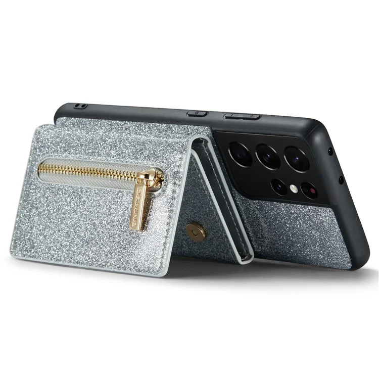 Dg. Ming M3 Series Pour Samsung Galaxy S21 Ultra 5G Glitter Sparkly Magnetic Détachable Pocket Cover Cover Kickstand PU le Cuir Revêtu pc + Tpu Coire de Téléphone de Protection Tpu - Argent