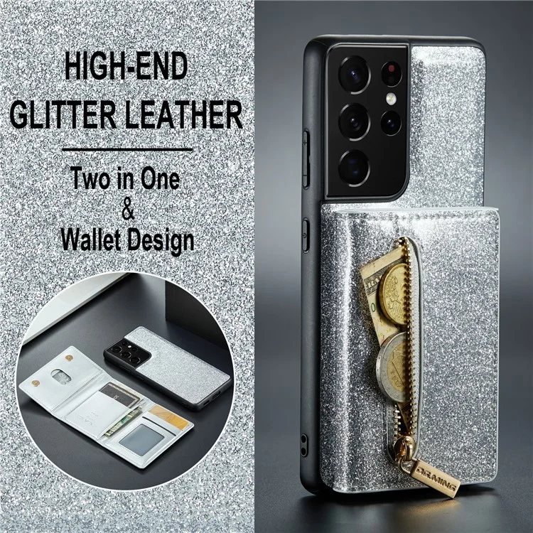 Dg. Ming M3 Series Pour Samsung Galaxy S21 Ultra 5G Glitter Sparkly Magnetic Détachable Pocket Cover Cover Kickstand PU le Cuir Revêtu pc + Tpu Coire de Téléphone de Protection Tpu - Argent