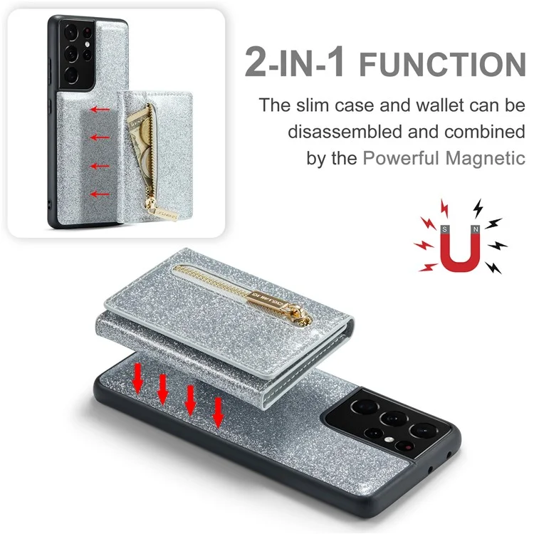 Dg. Ming M3 Series Pour Samsung Galaxy S21 Ultra 5G Glitter Sparkly Magnetic Détachable Pocket Cover Cover Kickstand PU le Cuir Revêtu pc + Tpu Coire de Téléphone de Protection Tpu - Argent