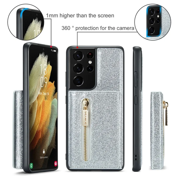 Dg. Ming M3 Series Pour Samsung Galaxy S21 Ultra 5G Glitter Sparkly Magnetic Détachable Pocket Cover Cover Kickstand PU le Cuir Revêtu pc + Tpu Coire de Téléphone de Protection Tpu - Argent