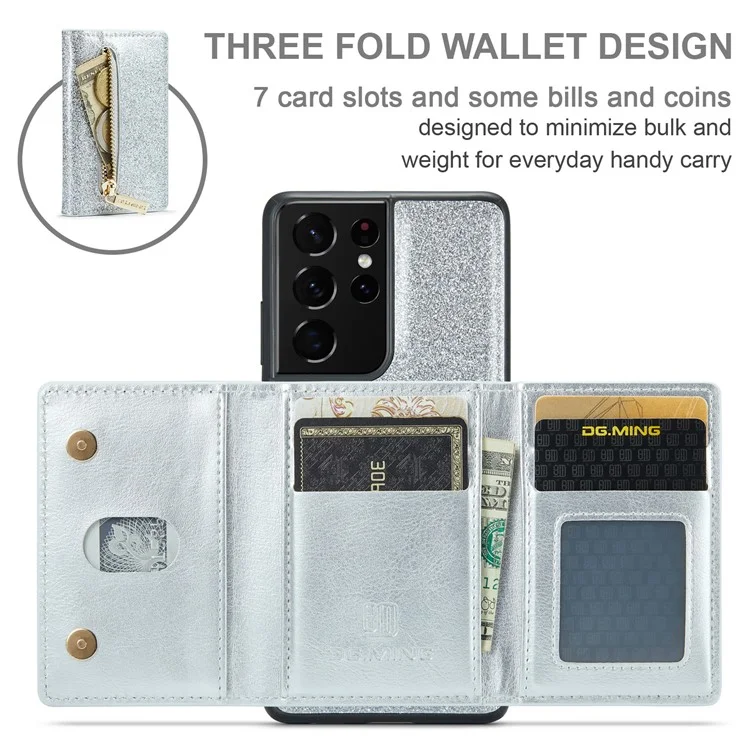 Dg. Ming M3 Series Pour Samsung Galaxy S21 Ultra 5G Glitter Sparkly Magnetic Détachable Pocket Cover Cover Kickstand PU le Cuir Revêtu pc + Tpu Coire de Téléphone de Protection Tpu - Argent