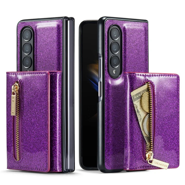 DG.MING M3 Series For Samsung Galaxy Z Fold4 5G 2-in-1 Glittery PU Leather Coated PC+TPU Back Case Magnetic Detachable Zipper Wallet Bump Proof Phone Cover with Kickstand - Dark Purple