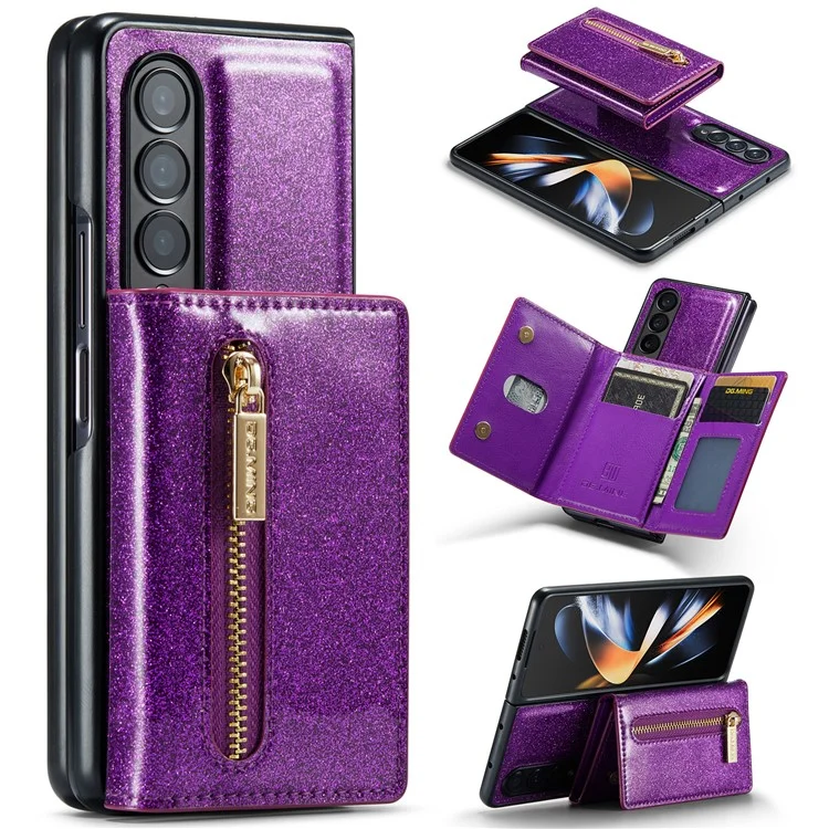 DG.MING M3 Series For Samsung Galaxy Z Fold4 5G 2-in-1 Glittery PU Leather Coated PC+TPU Back Case Magnetic Detachable Zipper Wallet Bump Proof Phone Cover with Kickstand - Dark Purple
