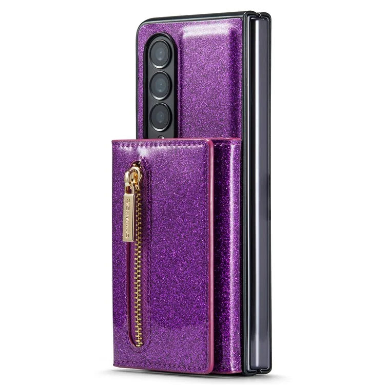 DG.MING M3 Series For Samsung Galaxy Z Fold4 5G 2-in-1 Glittery PU Leather Coated PC+TPU Back Case Magnetic Detachable Zipper Wallet Bump Proof Phone Cover with Kickstand - Dark Purple