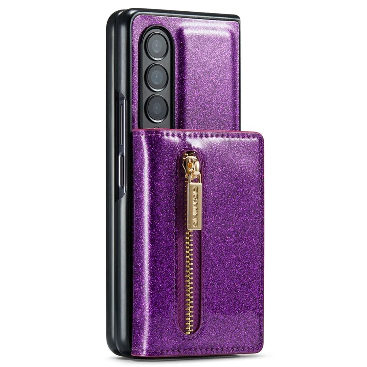 DG.MING M3 Series For Samsung Galaxy Z Fold4 5G 2-in-1 Glittery PU Leather Coated PC+TPU Back Case Magnetic Detachable Zipper Wallet Bump Proof Phone Cover with Kickstand - Dark Purple