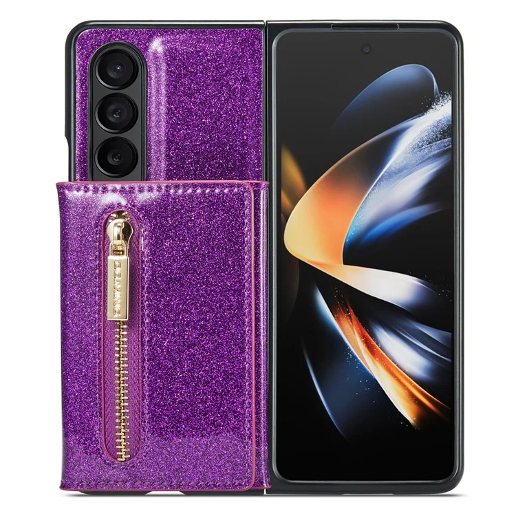 DG.MING M3 Series For Samsung Galaxy Z Fold4 5G 2-in-1 Glittery PU Leather Coated PC+TPU Back Case Magnetic Detachable Zipper Wallet Bump Proof Phone Cover with Kickstand - Dark Purple