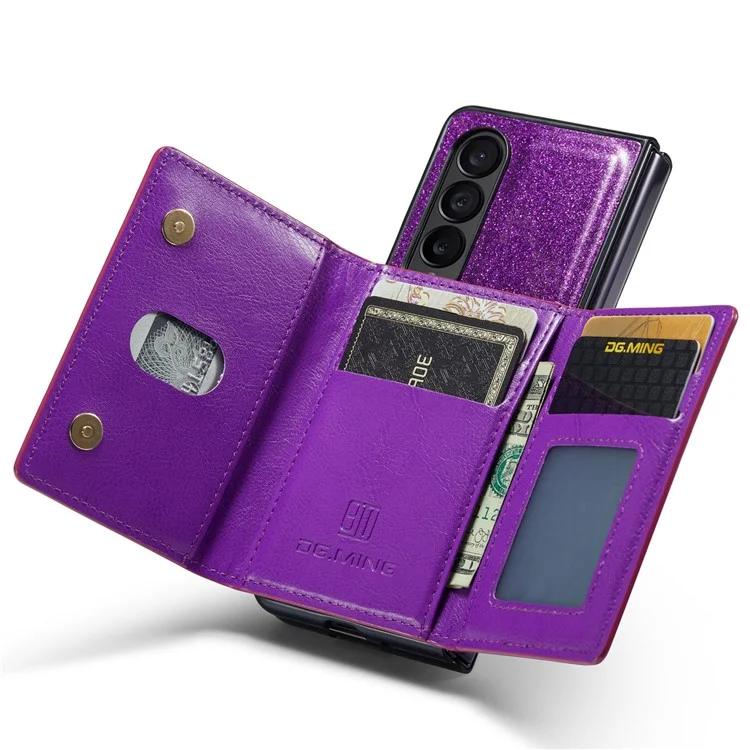 DG.MING M3 Series For Samsung Galaxy Z Fold4 5G 2-in-1 Glittery PU Leather Coated PC+TPU Back Case Magnetic Detachable Zipper Wallet Bump Proof Phone Cover with Kickstand - Dark Purple