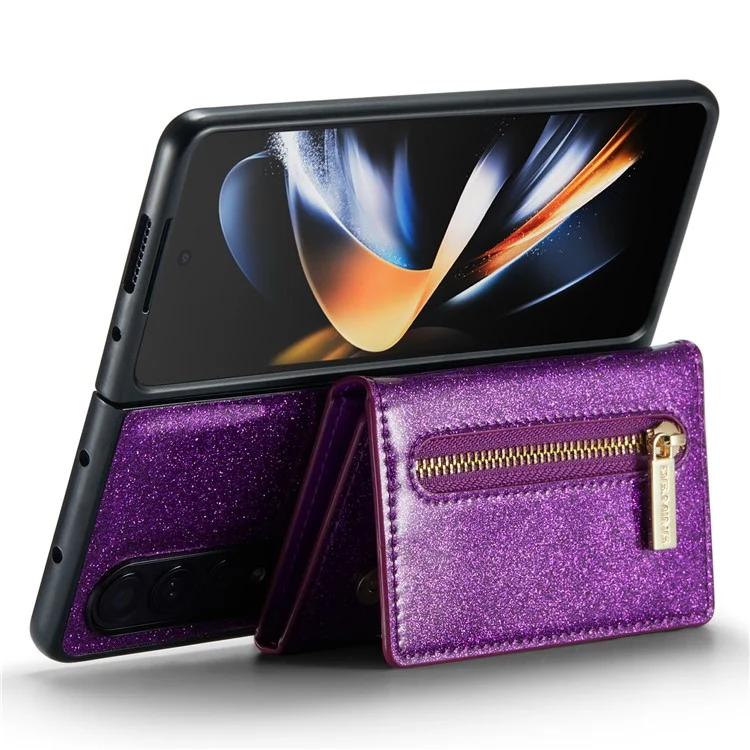 DG.MING M3 Series For Samsung Galaxy Z Fold4 5G 2-in-1 Glittery PU Leather Coated PC+TPU Back Case Magnetic Detachable Zipper Wallet Bump Proof Phone Cover with Kickstand - Dark Purple