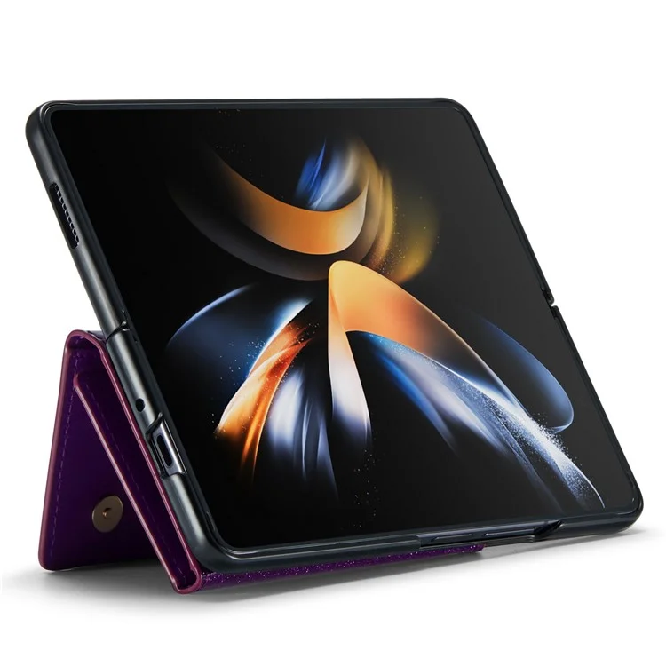 DG.MING M3 Series For Samsung Galaxy Z Fold4 5G 2-in-1 Glittery PU Leather Coated PC+TPU Back Case Magnetic Detachable Zipper Wallet Bump Proof Phone Cover with Kickstand - Dark Purple