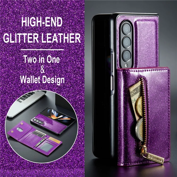 DG.MING M3 Series For Samsung Galaxy Z Fold4 5G 2-in-1 Glittery PU Leather Coated PC+TPU Back Case Magnetic Detachable Zipper Wallet Bump Proof Phone Cover with Kickstand - Dark Purple