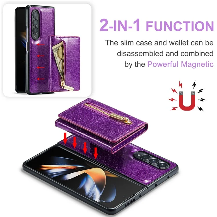 DG.MING M3 Series For Samsung Galaxy Z Fold4 5G 2-in-1 Glittery PU Leather Coated PC+TPU Back Case Magnetic Detachable Zipper Wallet Bump Proof Phone Cover with Kickstand - Dark Purple