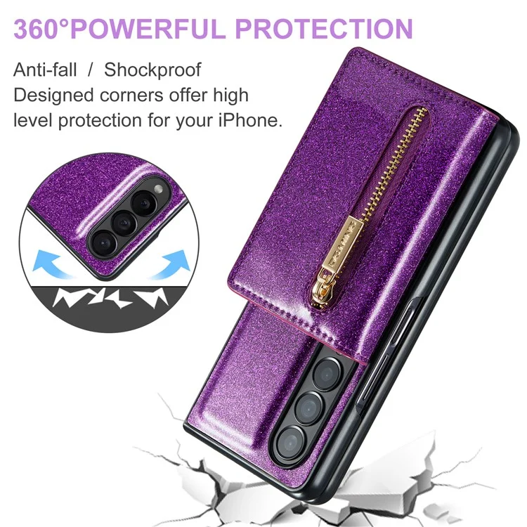 DG.MING M3 Series For Samsung Galaxy Z Fold4 5G 2-in-1 Glittery PU Leather Coated PC+TPU Back Case Magnetic Detachable Zipper Wallet Bump Proof Phone Cover with Kickstand - Dark Purple