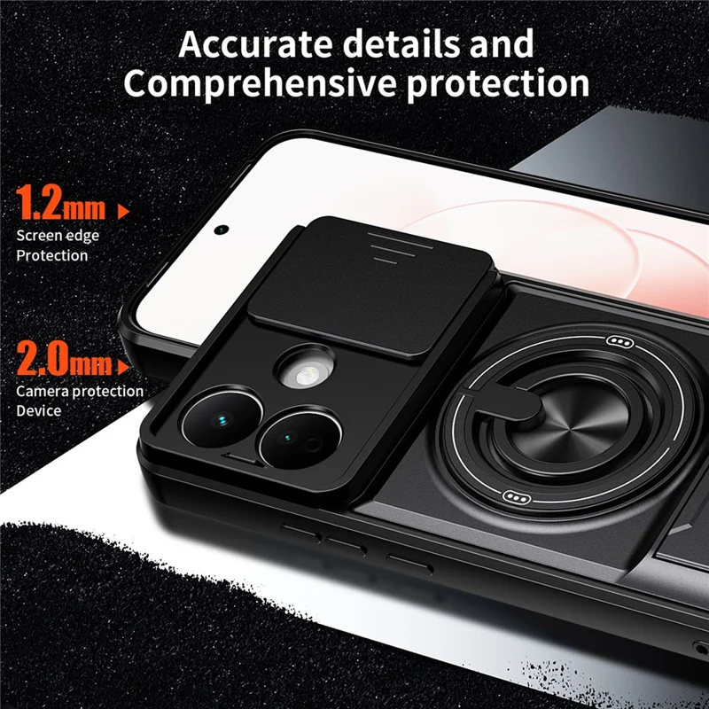 For Xiaomi Redmi Note 17 Pro 5G Magnetic Case Ring Holder Foldable Kickstand TPU PC Phone Cover with Camera Lens Slider - Black