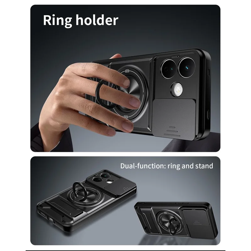 For Xiaomi Redmi Note 17 Pro 5G Magnetic Case Ring Holder Foldable Kickstand TPU PC Phone Cover with Camera Lens Slider - Black