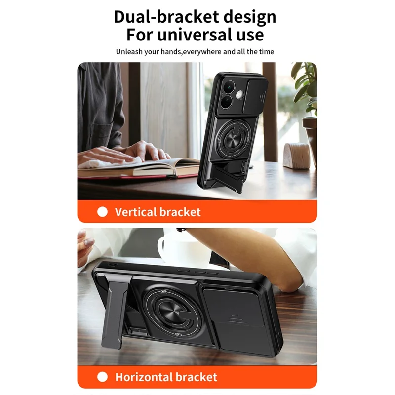 For Xiaomi Redmi Note 17 Pro 5G Magnetic Case Ring Holder Foldable Kickstand TPU PC Phone Cover with Camera Lens Slider - Black