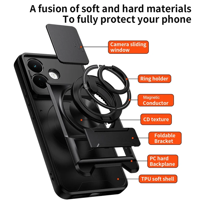 For Xiaomi Redmi Note 17 Pro 5G Magnetic Case Ring Holder Foldable Kickstand TPU PC Phone Cover with Camera Lens Slider - Black