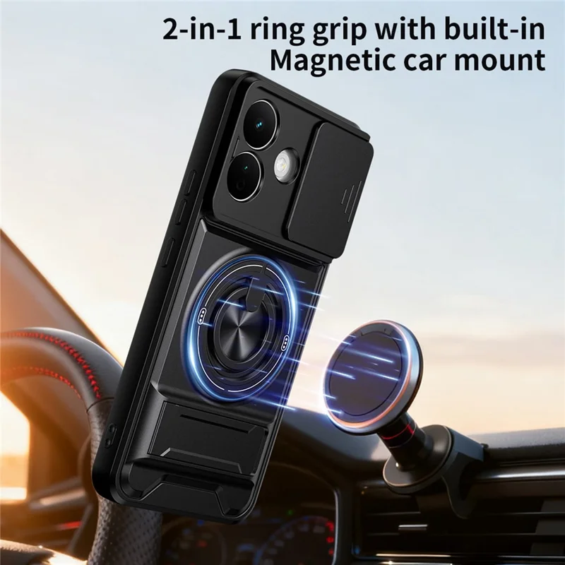 For Xiaomi Redmi Note 17 Pro 5G Magnetic Case Ring Holder Foldable Kickstand TPU PC Phone Cover with Camera Lens Slider - Black
