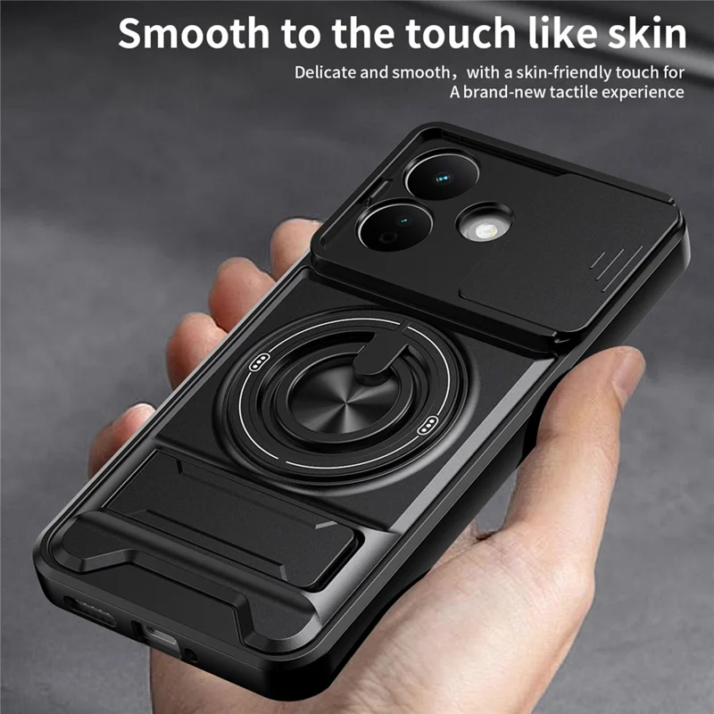 For Xiaomi Redmi Note 17 Pro 5G Magnetic Case Ring Holder Foldable Kickstand TPU PC Phone Cover with Camera Lens Slider - Black