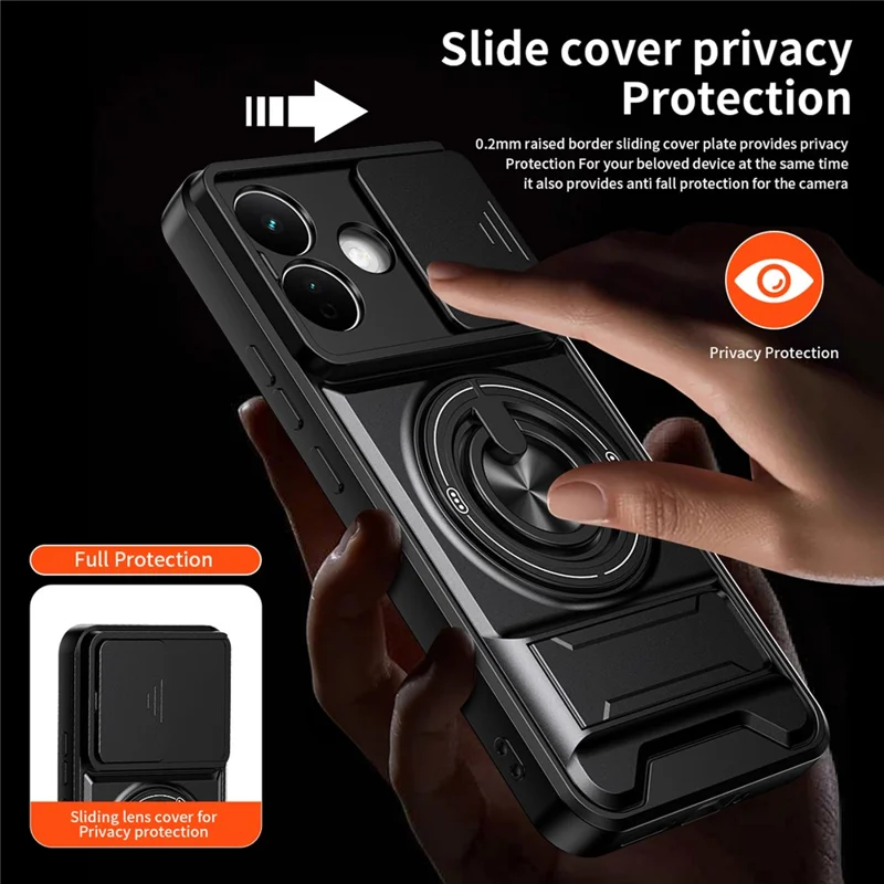 For Xiaomi Redmi Note 17 Pro 5G Magnetic Case Ring Holder Foldable Kickstand TPU PC Phone Cover with Camera Lens Slider - Black