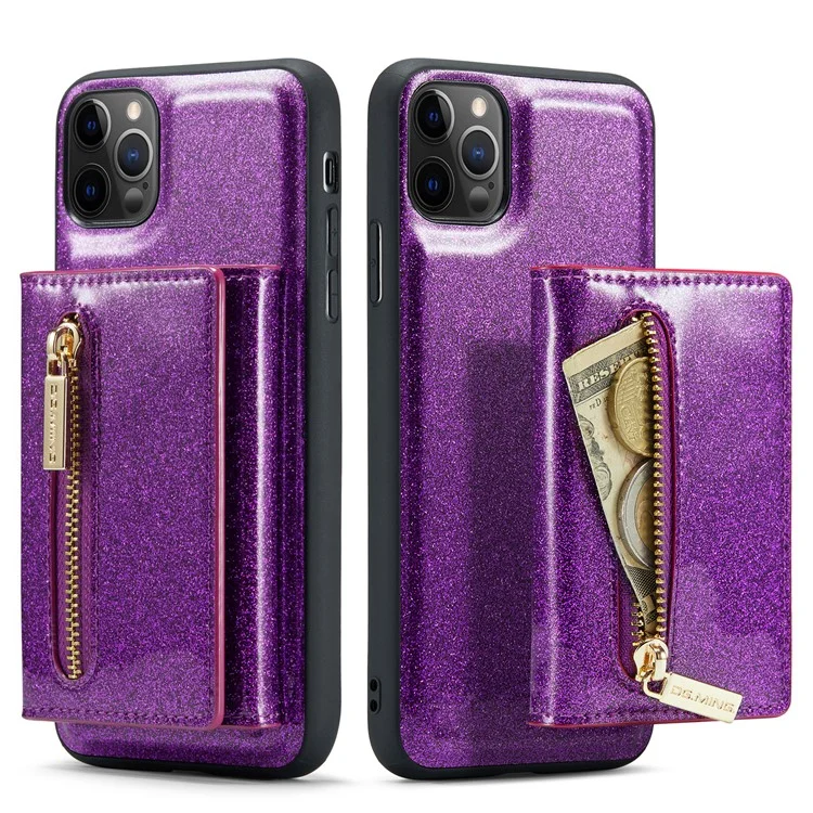 DG.MING M3 Series For iPhone 11 Pro 5.8 inch 2-in-1 Glittery PU Leather Coated PC+TPU Back Case Magnetic Detachable Zipper Wallet Fall Proof Phone Cover with Kickstand - Dark Purple