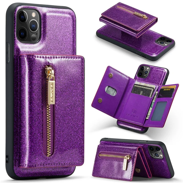 DG.MING M3 Series For iPhone 11 Pro 5.8 inch 2-in-1 Glittery PU Leather Coated PC+TPU Back Case Magnetic Detachable Zipper Wallet Fall Proof Phone Cover with Kickstand - Dark Purple
