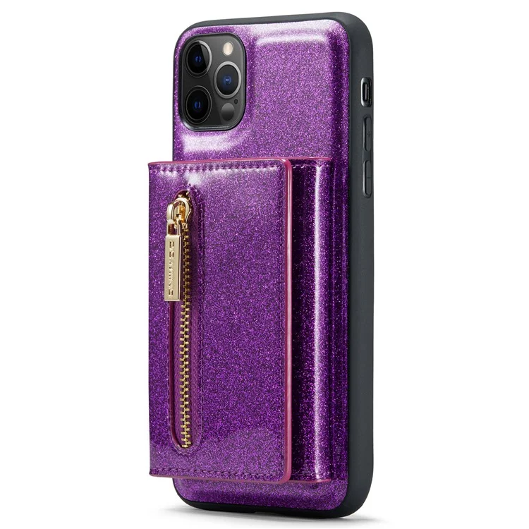 DG.MING M3 Series For iPhone 11 Pro 5.8 inch 2-in-1 Glittery PU Leather Coated PC+TPU Back Case Magnetic Detachable Zipper Wallet Fall Proof Phone Cover with Kickstand - Dark Purple