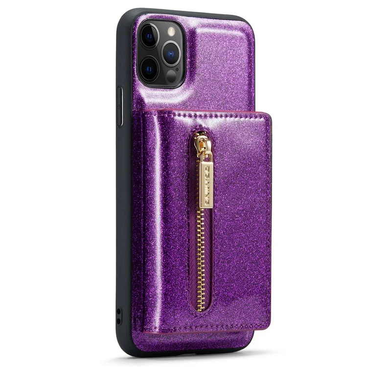 DG.MING M3 Series For iPhone 11 Pro 5.8 inch 2-in-1 Glittery PU Leather Coated PC+TPU Back Case Magnetic Detachable Zipper Wallet Fall Proof Phone Cover with Kickstand - Dark Purple