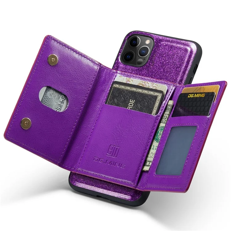 DG.MING M3 Series For iPhone 11 Pro 5.8 inch 2-in-1 Glittery PU Leather Coated PC+TPU Back Case Magnetic Detachable Zipper Wallet Fall Proof Phone Cover with Kickstand - Dark Purple