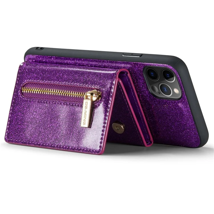 DG.MING M3 Series For iPhone 11 Pro 5.8 inch 2-in-1 Glittery PU Leather Coated PC+TPU Back Case Magnetic Detachable Zipper Wallet Fall Proof Phone Cover with Kickstand - Dark Purple