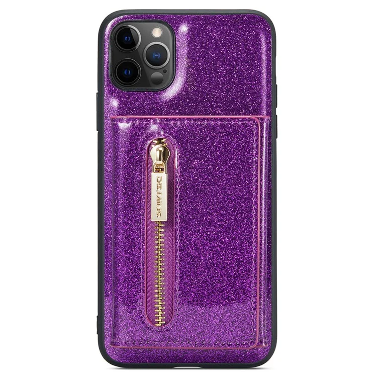 DG.MING M3 Series For iPhone 11 Pro 5.8 inch 2-in-1 Glittery PU Leather Coated PC+TPU Back Case Magnetic Detachable Zipper Wallet Fall Proof Phone Cover with Kickstand - Dark Purple