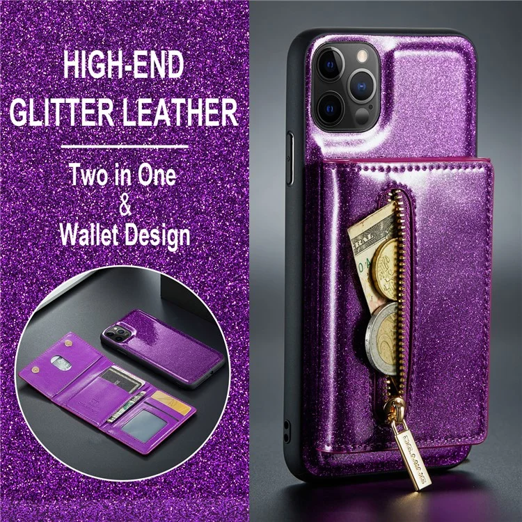 DG.MING M3 Series For iPhone 11 Pro 5.8 inch 2-in-1 Glittery PU Leather Coated PC+TPU Back Case Magnetic Detachable Zipper Wallet Fall Proof Phone Cover with Kickstand - Dark Purple