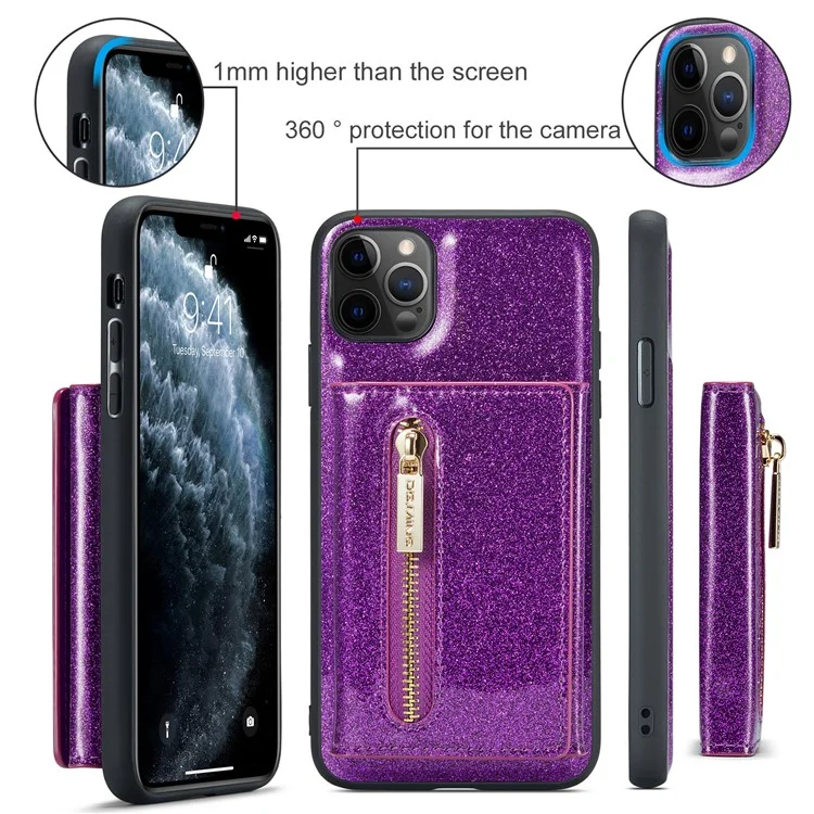 DG.MING M3 Series For iPhone 11 Pro 5.8 inch 2-in-1 Glittery PU Leather Coated PC+TPU Back Case Magnetic Detachable Zipper Wallet Fall Proof Phone Cover with Kickstand - Dark Purple