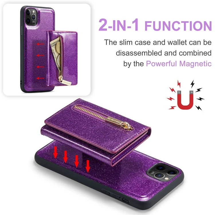 DG.MING M3 Series For iPhone 11 Pro 5.8 inch 2-in-1 Glittery PU Leather Coated PC+TPU Back Case Magnetic Detachable Zipper Wallet Fall Proof Phone Cover with Kickstand - Dark Purple