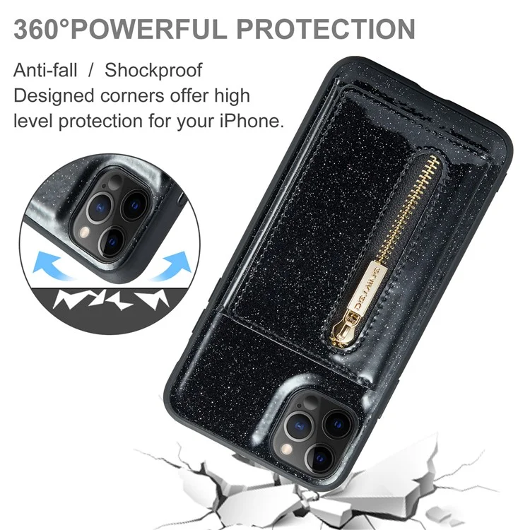 Dg. Ming M3 Series Per Iphone 11 Pro Max 6,5 Pollici Shock Affronta Shock 2 In-1 Scintilla Scintillabile Copertina Tascabile Staccabile Coperchio Kickstand pc Rivestita in Pelle PU PC+TPU Telefono di Protezione Tpu Custodia - Nero