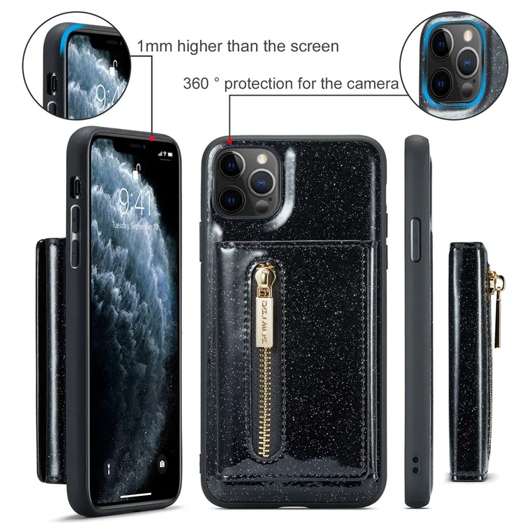 Dg. Ming M3 Series Per Iphone 11 Pro Max 6,5 Pollici Shock Affronta Shock 2 In-1 Scintilla Scintillabile Copertina Tascabile Staccabile Coperchio Kickstand pc Rivestita in Pelle PU PC+TPU Telefono di Protezione Tpu Custodia - Nero